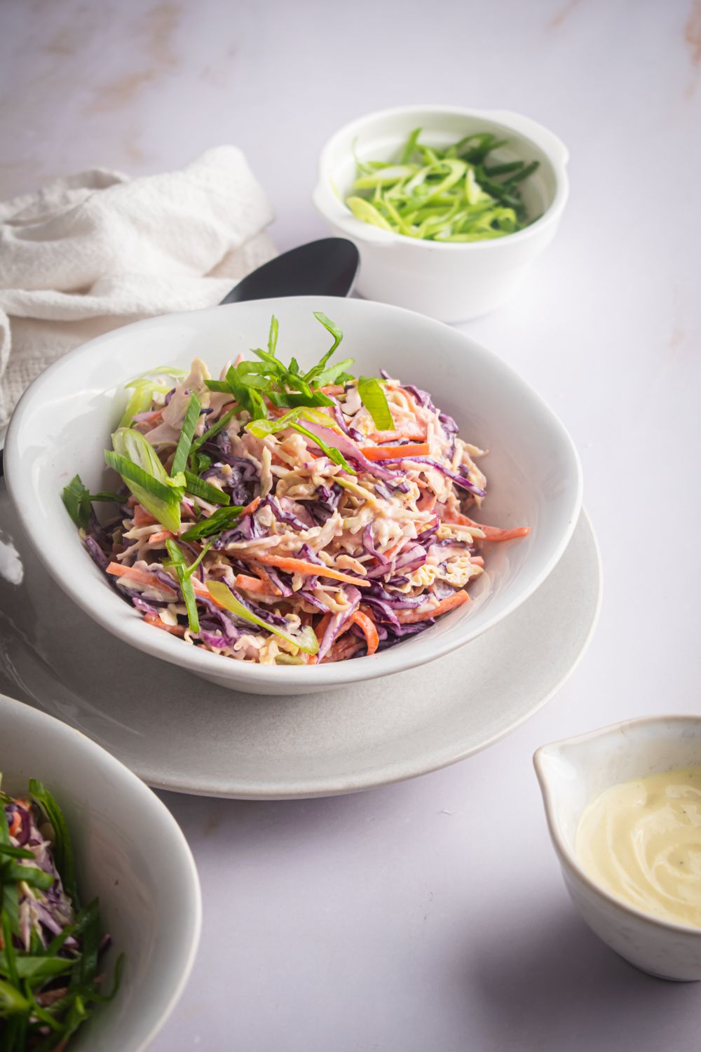 Creamy coleslaw with green cabbage, red cabbage, and shredded carrots in a bowl with a spoon.