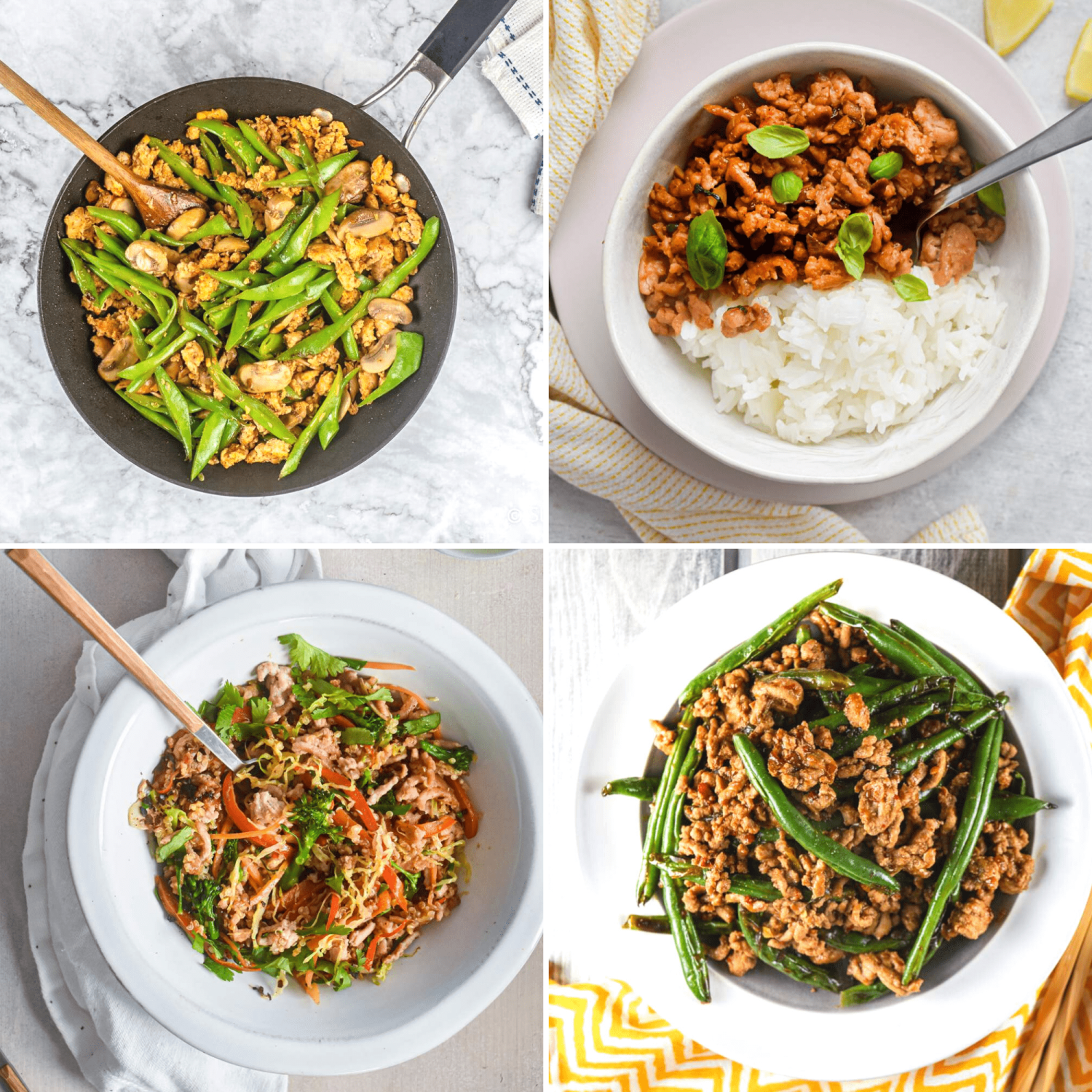 Turkey stir fry recipes including green bean turkey, Thai basil turkey, Asian turkey with quinoa, and mushroom turkey stir fry.