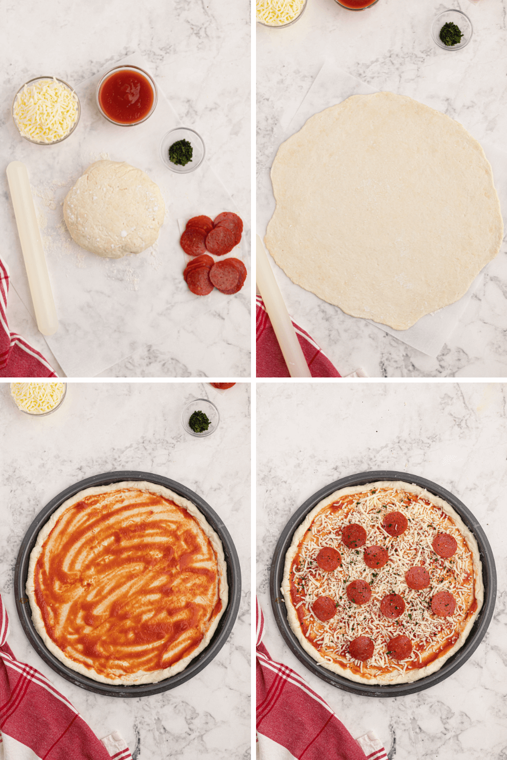 How to make two ingredient pizza dough with greek yogurt dough, sauce, cheese, and pizza toppings.