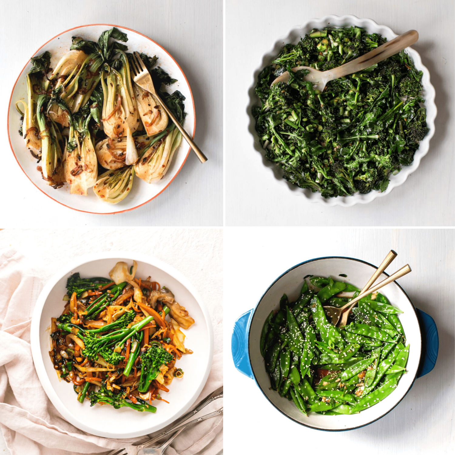 Vegetable stir fry recipes including bok choy, Chinese broccoli, mixed vegetables, an snow peas.