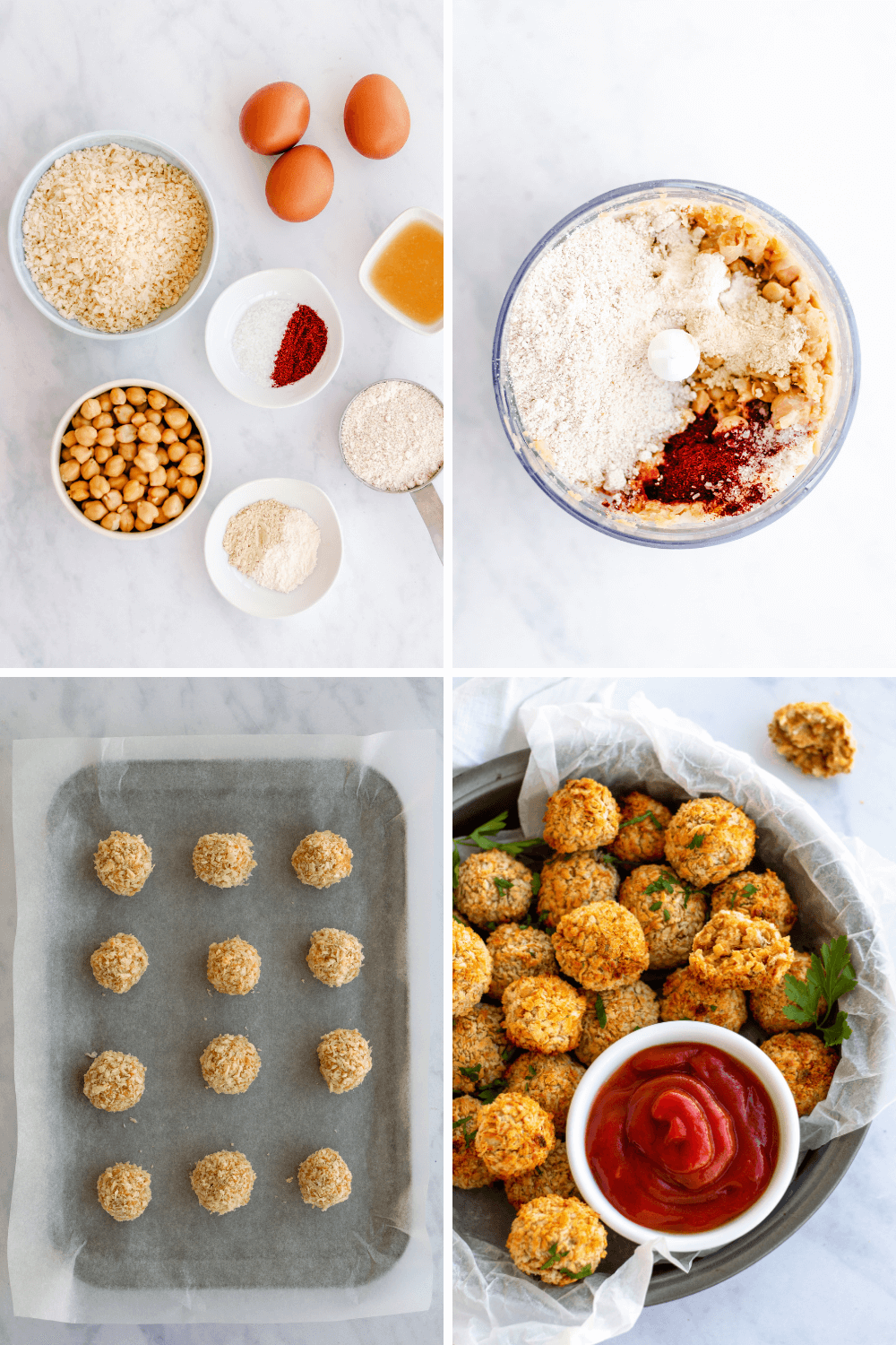 How to make chickpea nuggets including ingredients, food processor, baking sheet, and crispy baked vegetarian nuggets.