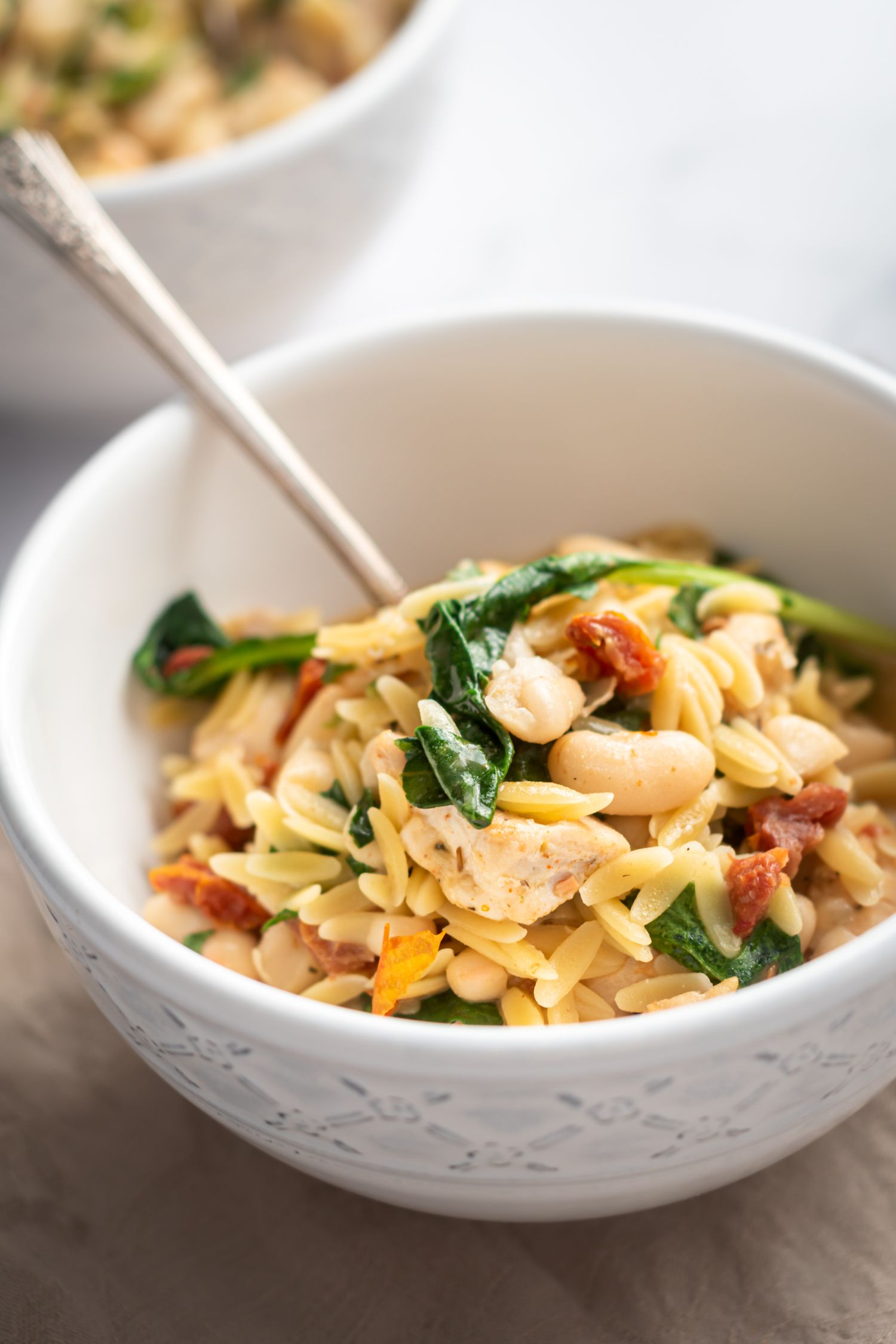 Bowl of orzo pasta with spinach, tomatoes, chicken, white beans, and cheese.