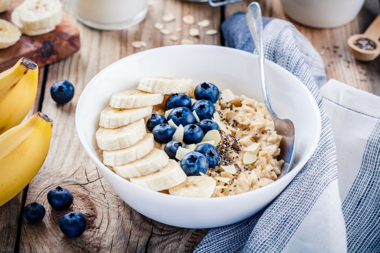 Banana recipe with chia seed pudding in a bowl with  blueberries.