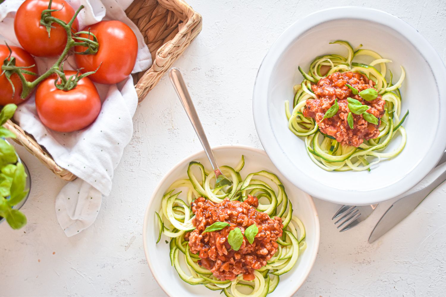 Zucchini noodles as pasta with spaghetti sauce.