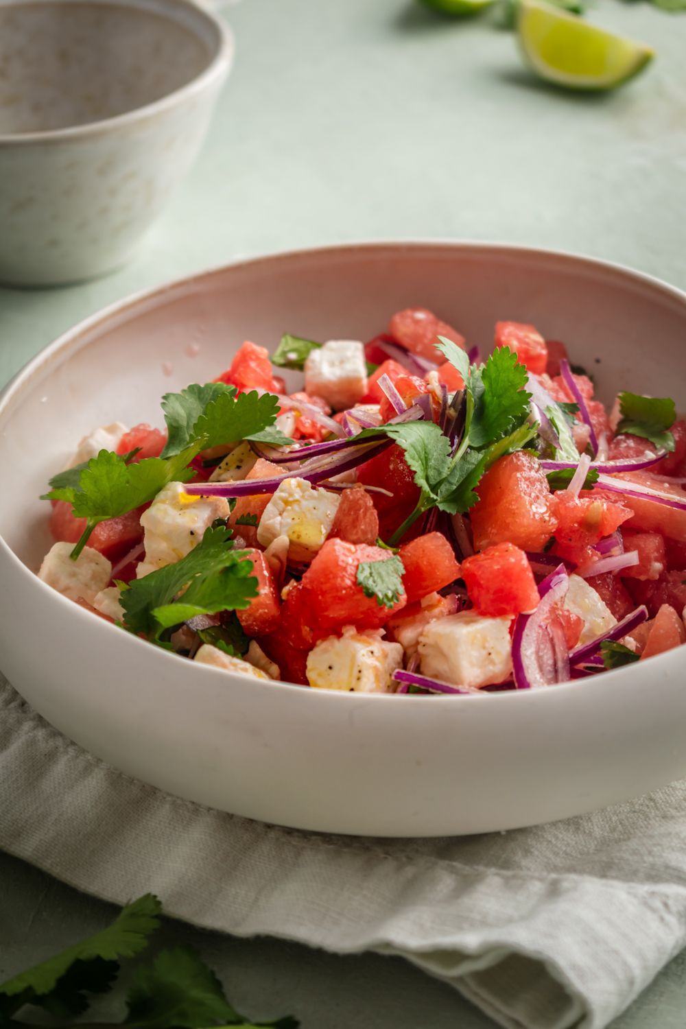 Feta and watermelon salad with red onion and cilantro topped with a red wine vinegar and lime dressing.