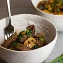 Beef boy choy stir fry with mushrooms and green onions in a soy stir fry sauce.