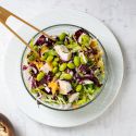 Sweet Chili Chicken Salad with cabbage, edamame, and a peanut lime dressing.