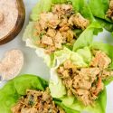 Blackened chicken salad served in lettuce wraps.