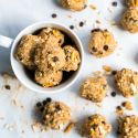 Chocolate peanut butter pretzel energy balls with oats, pretzels, and chocolate chips rolled into small balls.