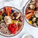 Honey balsamic roasted vegetable bowls with potatoes, peppers, onions, Brussels sprouts, carrots, and farro.