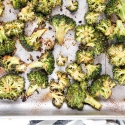 Roasted Asian broccoli cooked until the edges brown with soy sauce, sesame sauce, rice vinegar, and ginger.