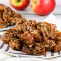 Health apple crisp made in the slow cooker and served on a plate.