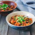 Turkey sweet potato chili in a bowl with cilantro