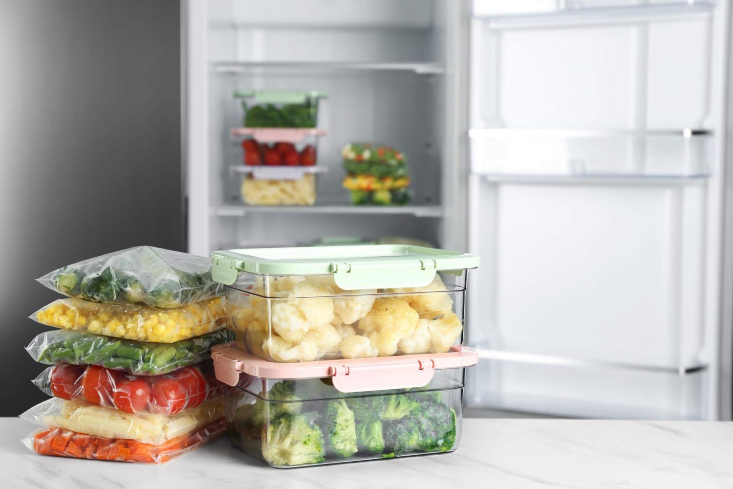 Freezer containers packed with vegetables and grains stacked to go in the freezer.