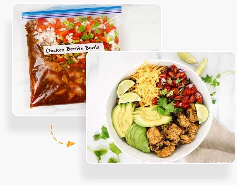 Frozen chicken burrito bowls in a ziploc bag and then cooked.