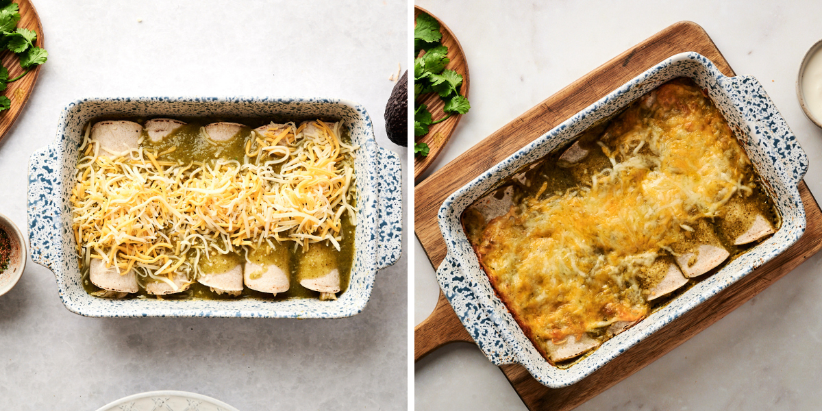 Green chicken enchiladas topped with shredded cheese before and after baking.