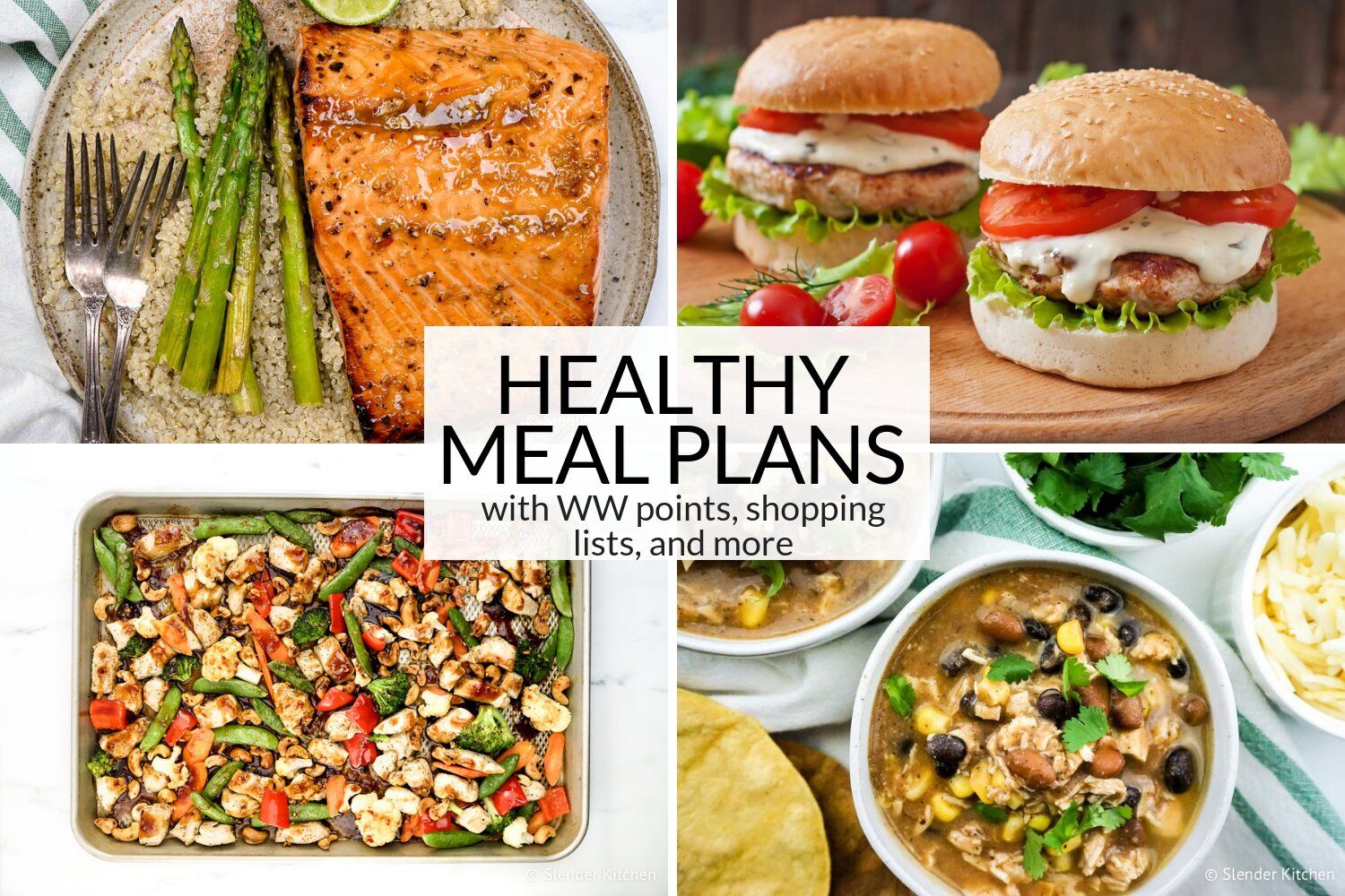 Salmon with asparagus, healthy turkey burgers, sheet pan chicken, and taco soup.