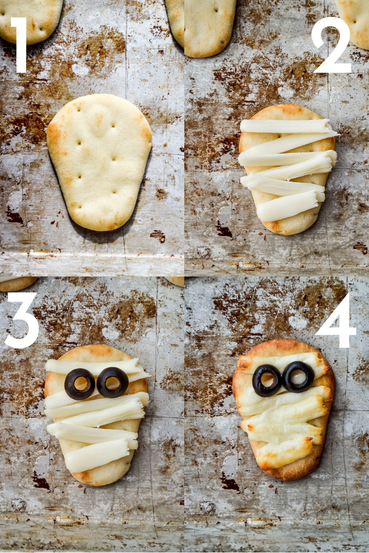 How to make pizza mummy flatbread dippers including the naan bread, cheese, and olives on a sheet pan.