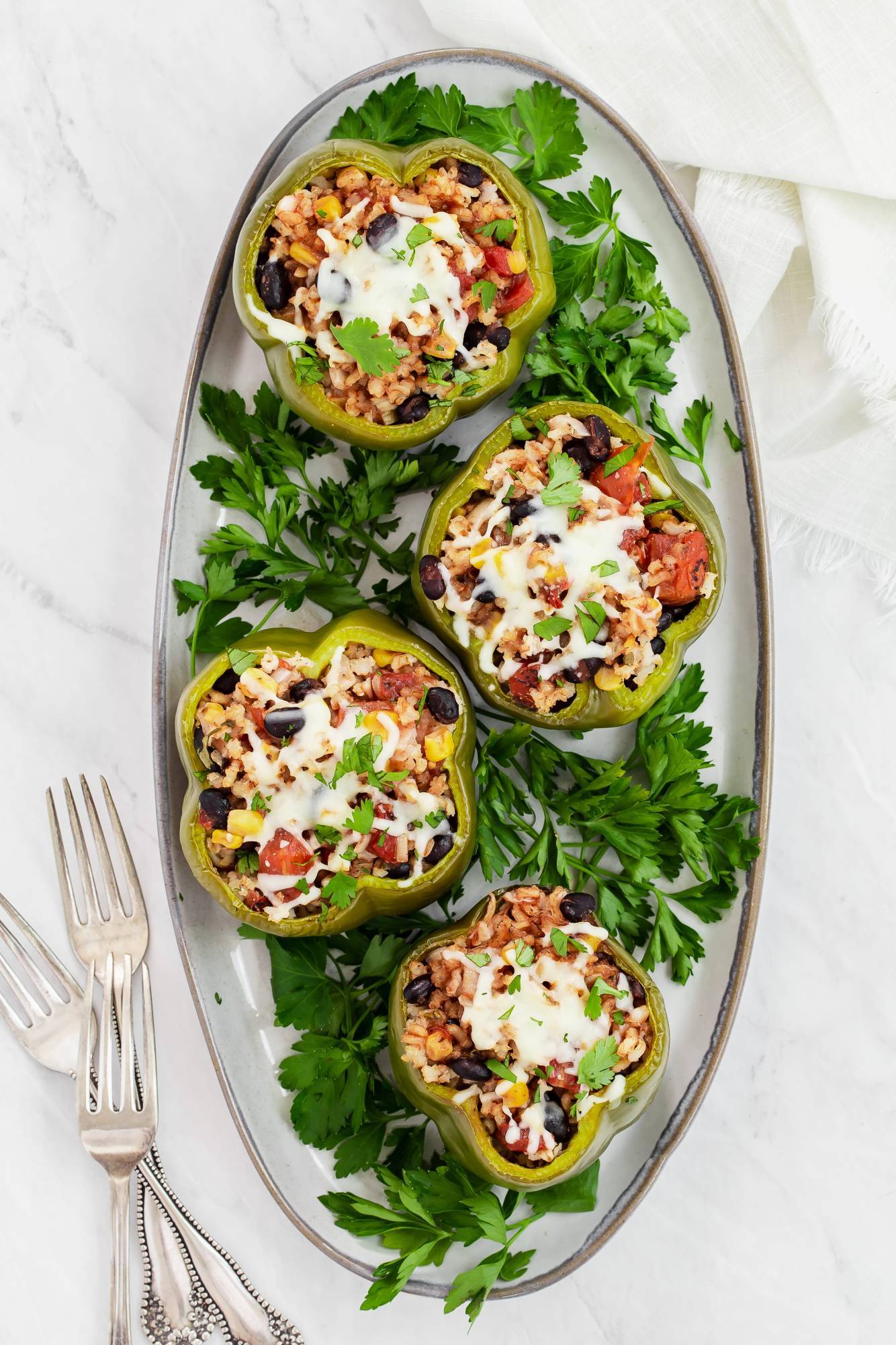 Vegetarian barbecue stiffed peppers with black beans, corn, rice, barbecue sauce, and melted cheese on a glass plate with cilantro.