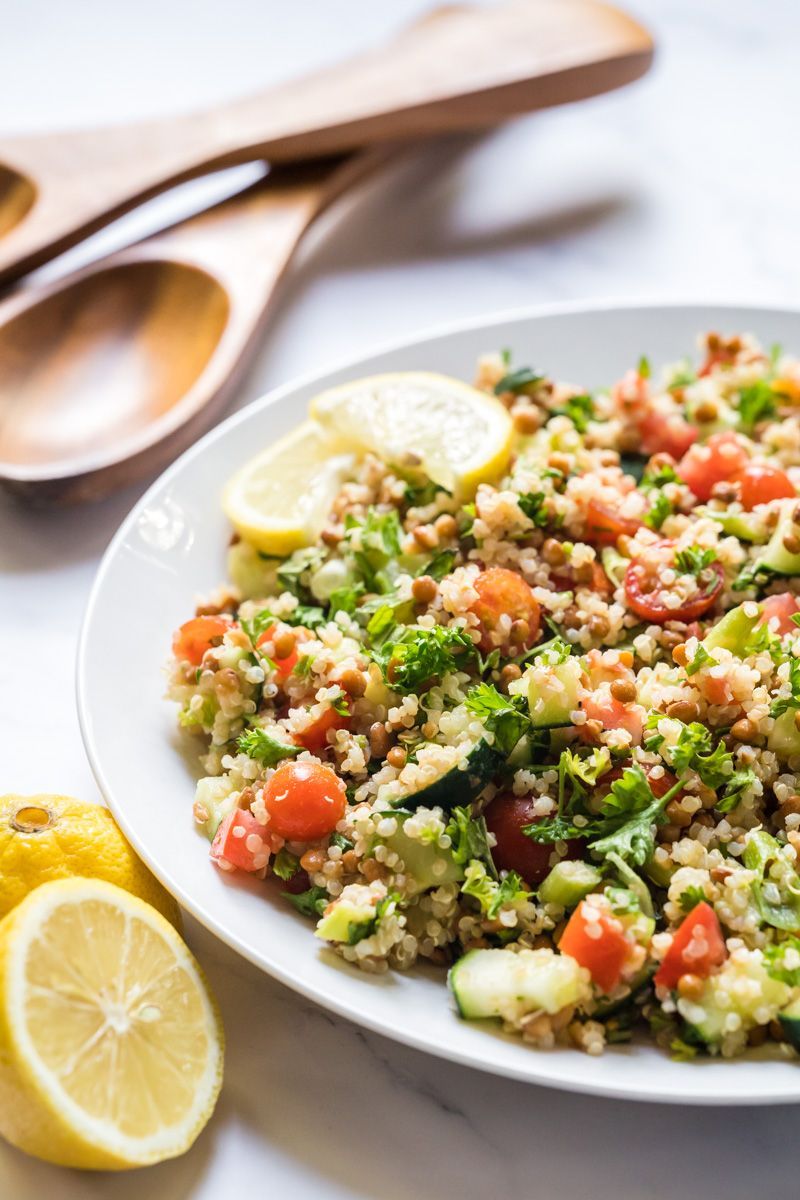 Lentil and quinoa tabbouleh with parsley, lemon, mint, cucumbers, and tomatoes