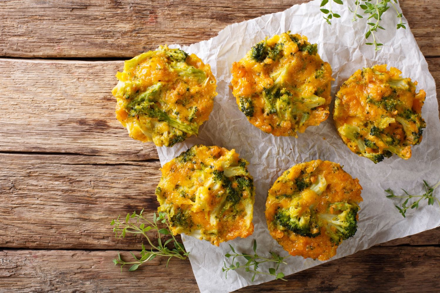 Meal prep of turkey broccoli quiche muffins on a wooden board.