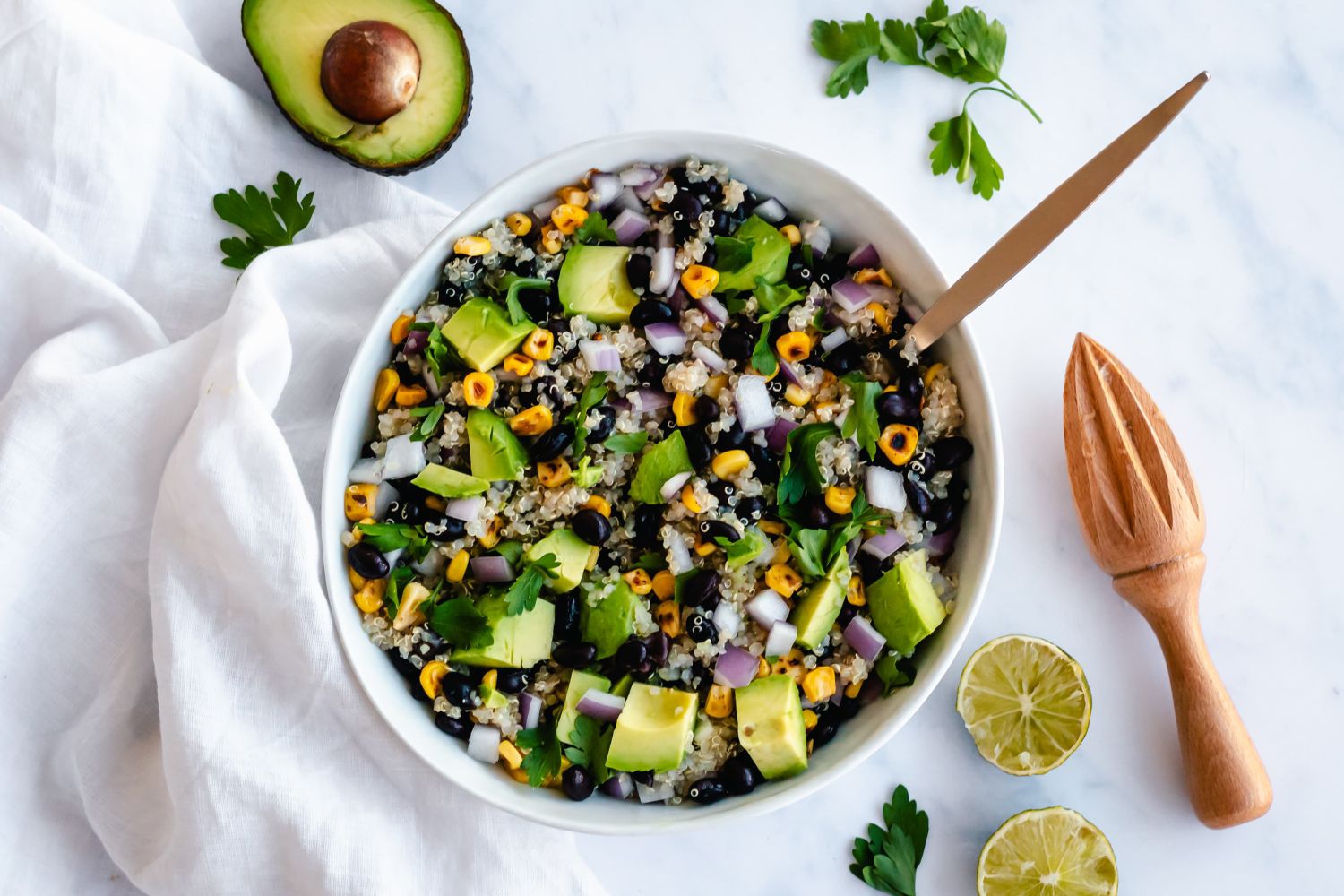 Southwest quinoa salad with black beans, corn, cilantro, and tomatoes.