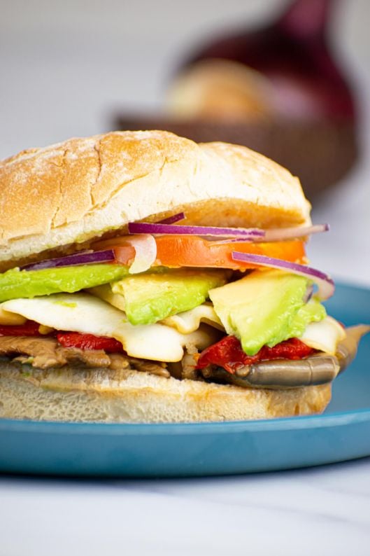 Portobello Burgers with Roasted Red Peppers, Mozzarella, and Avocado ...