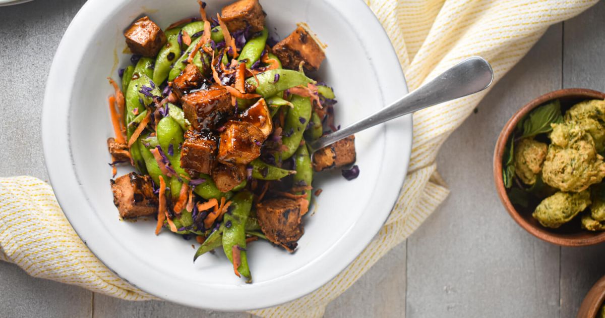 Chili Glazed Tofu with Sugar Snap Peas - Slender Kitchen