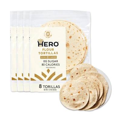 Hero Flour Tortillas — Delicious, Low Net Carb, 0g Sugar | 0g Net Carbs, 80 Calories, Keto | Soft Like Regular Tortillas | Size 8