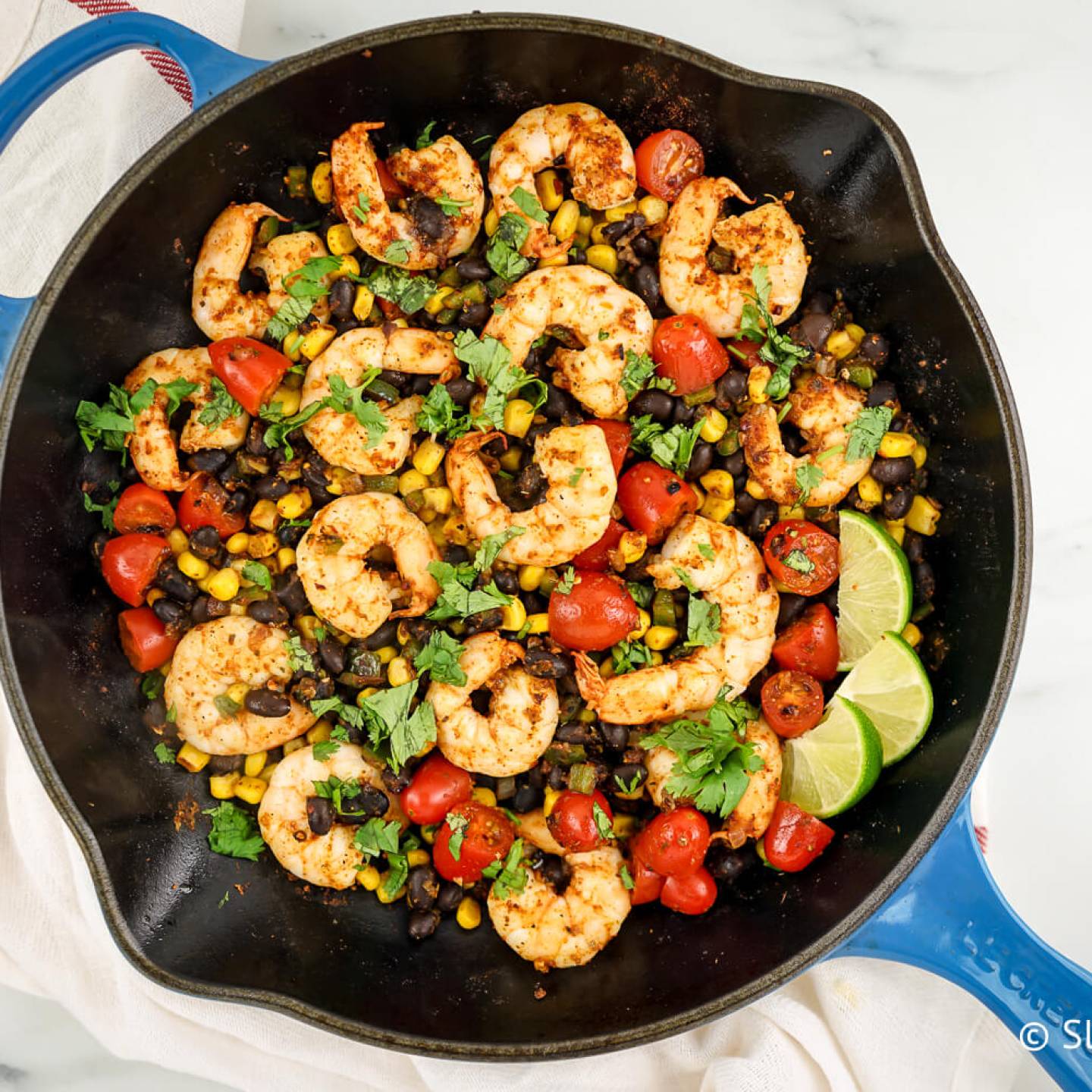 Mexican shrimp with black beans, corn, tomatoes, cilantro, and fresh lime juice.