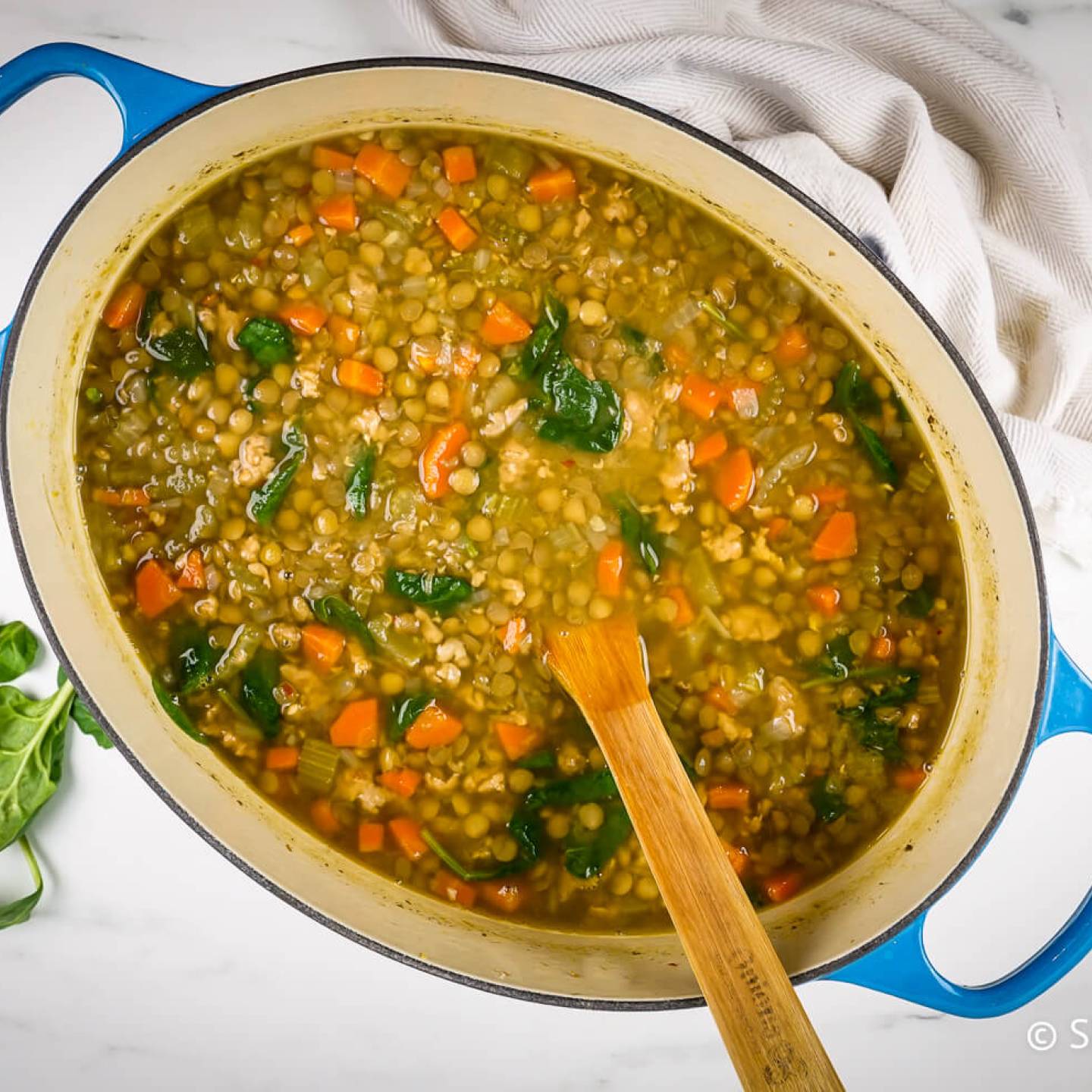 Sausage lentil soup with carrots, turkey sausage, celery, spinach, and brown lentils in a Dutch oven.