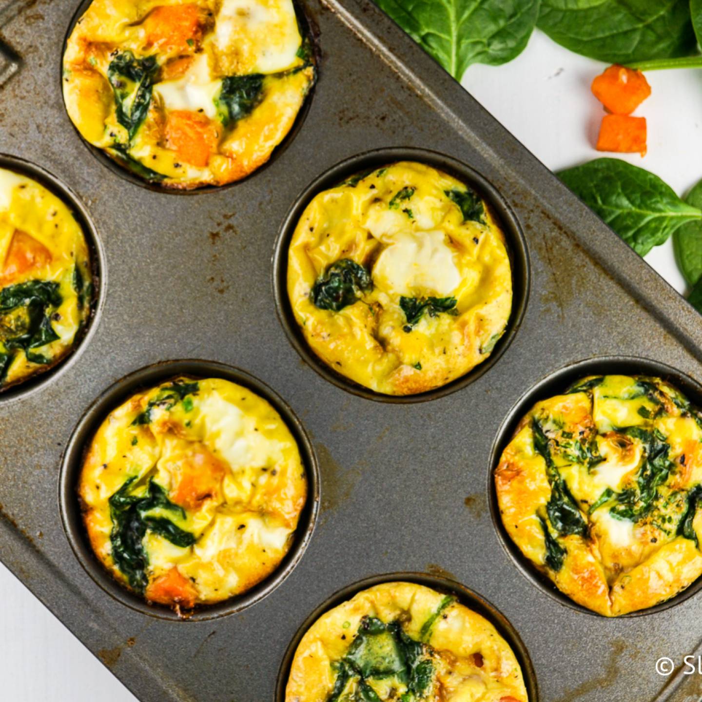 Sweet potato spinach egg muffin frittatas in a muffin tin with eggs, egg whites, spinach, and sweet potatoes.