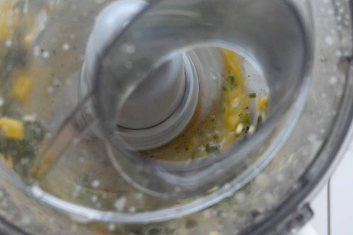 Honey, lime juice, yogurt, olive oil, cilantro, and red pepper flakes in a food processor.