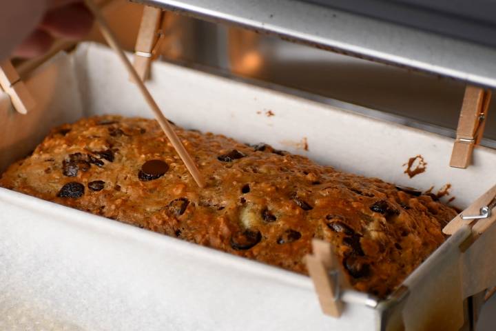 Banana oatmeal bread with chocolate chips in the oven.