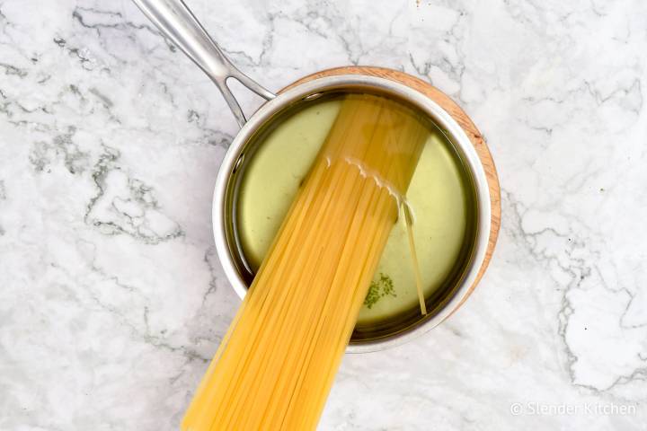 Pasta in a pot before being cooked for skinny alfredo.