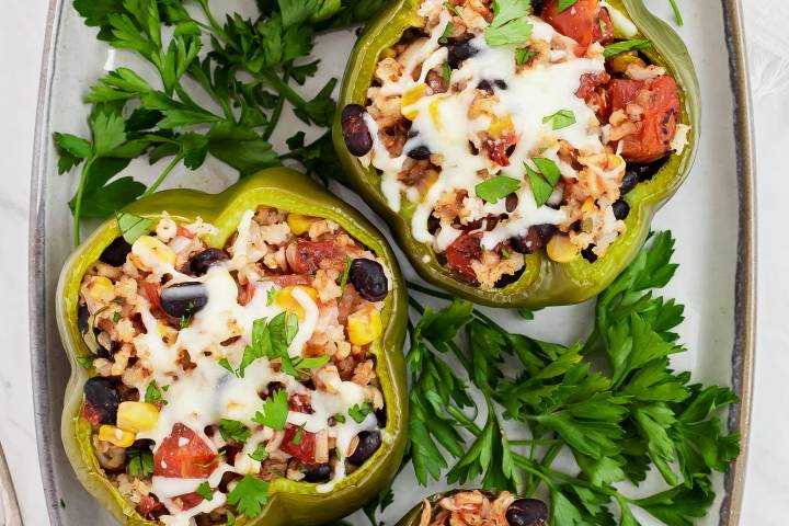 Cooked meatless bell peppers with melted cheese.