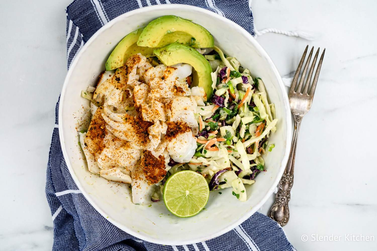 Ancho Fish Taco Bowls with Lime Slaw and Avocado Slender Kitchen