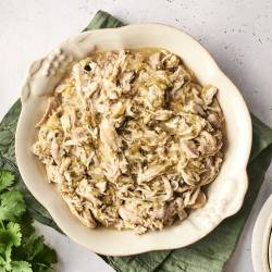 Slow-cooked shredded chicken in a tangy chile verde sauce, served in a rustic dish with cilantro garnish on the side.