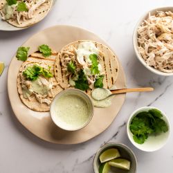 Slow cooker jalapeno chicken tacos with cilantro and Greek yogurt sauce served on corn tortillas.