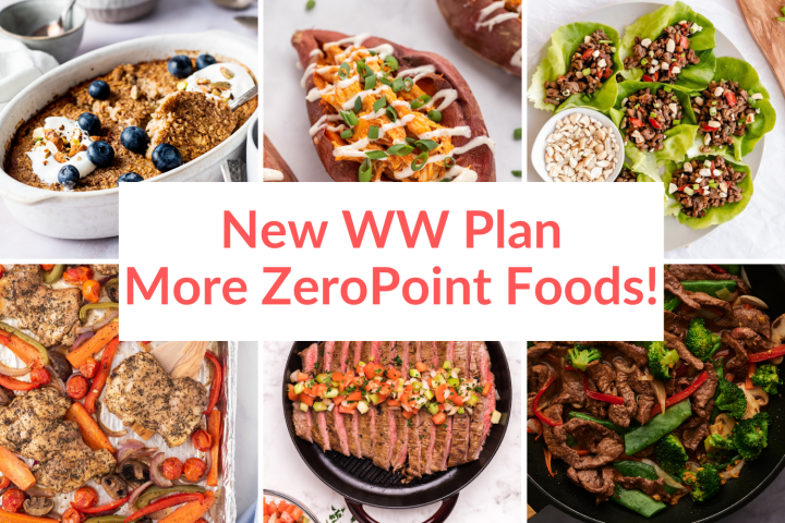 New WW plan with pictures of new zero point recipes including oats, ground beef, sirloin steak, chicken thighs, and potatoes.