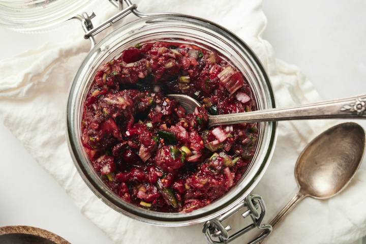 Cranberry jalapeno relish in a glass bowl.