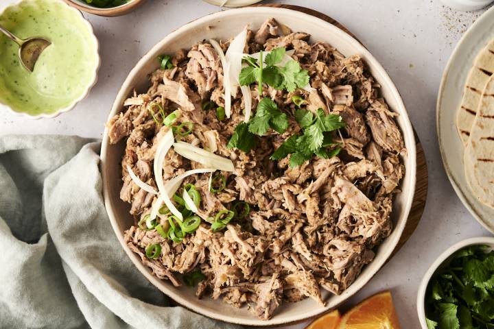 A plate of shredded pork carnitas garnished with sliced onions, green onions, and cilantro, served with tortillas and dipping sauce on the side.