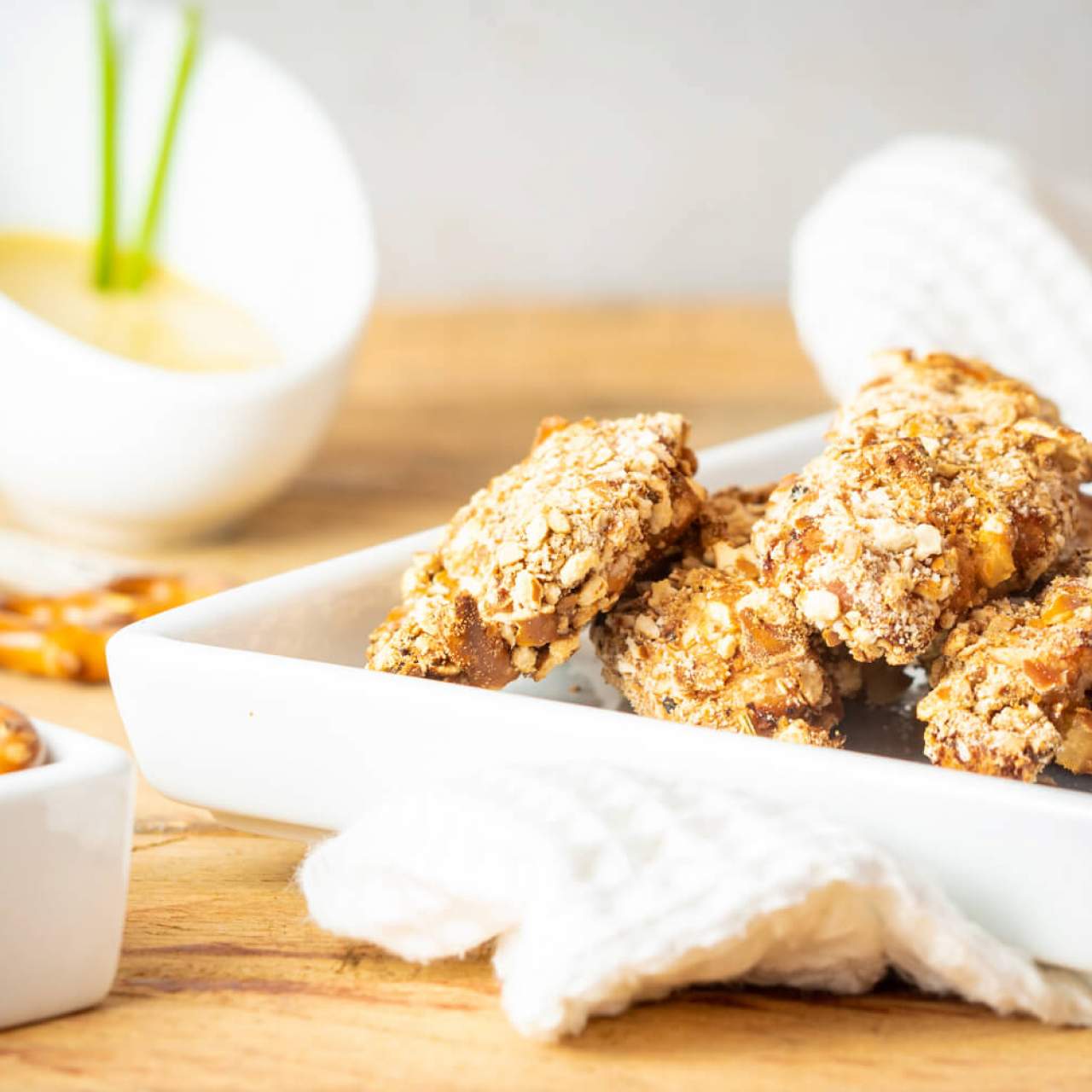 Pretzel Crusted Chicken Fingers with Honey Mustard Dipping Sauce