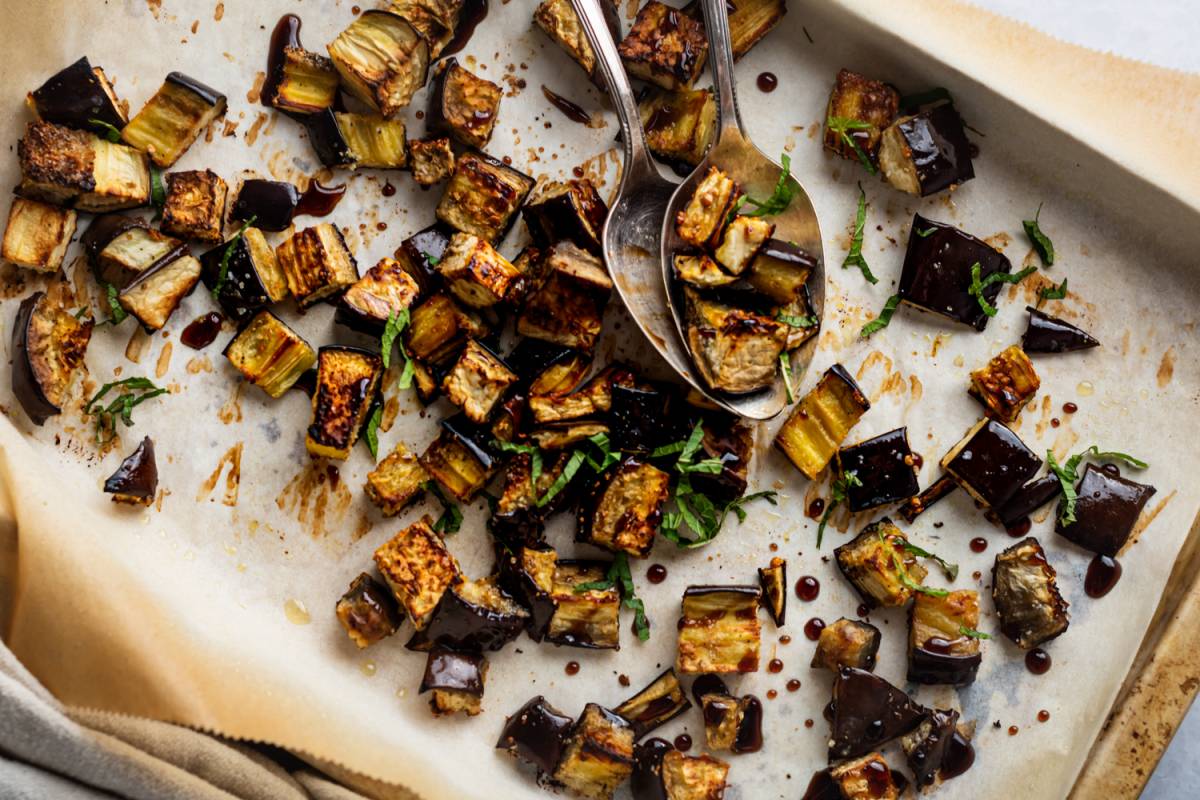 Roasted Eggplant slices topped with a jalapeño garlic sauce- a simple , Eggplant Recipe