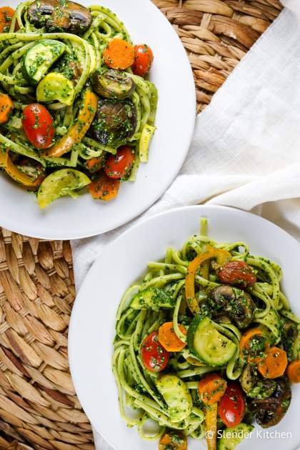 Pasta Primavera with Spinach Pesto - Slender Kitchen