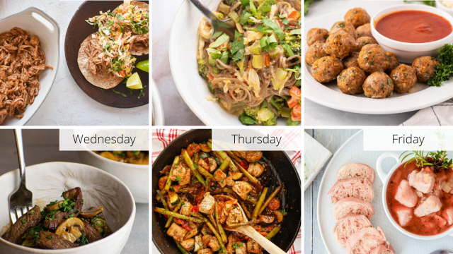 Healthy meal plan with tacos, peanut noodles, meatballs, stir fry, and soup.