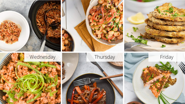 Healthy meal plan with turkey sloppy joes, cajun pasta, crispy pork, and more.