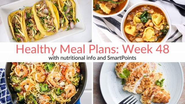 Slow cooker pork tacos, spinach tortellini soup, lemon shrimp pasta, and crispy chicken in this week's meal plan.