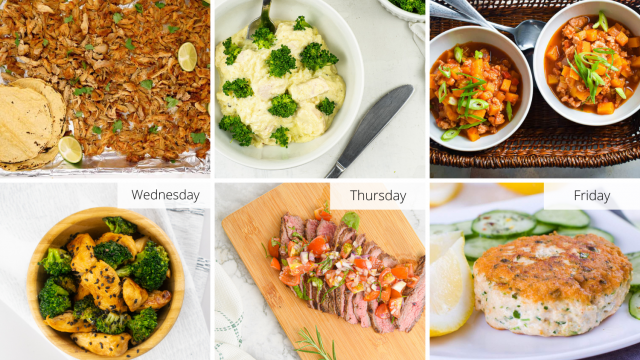 Low carb meal plan with carnitas, spaghetti squahs, chili, and more. 