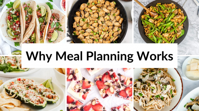 Healthy meals including sesame chicken, yogurt bark, and tacos.